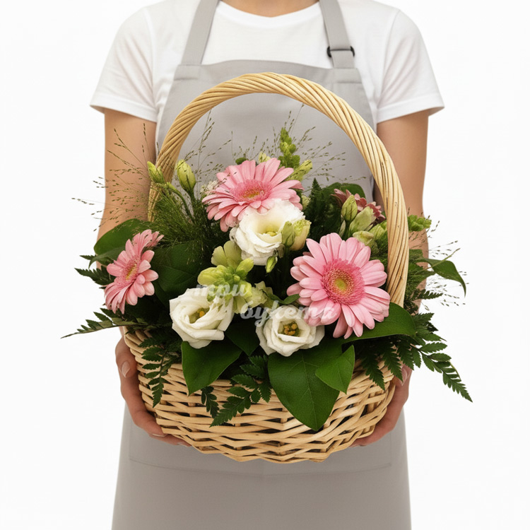 Корзина с эустомами и герберами