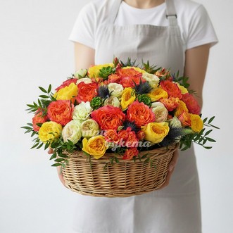 Корзина разноцветных роз