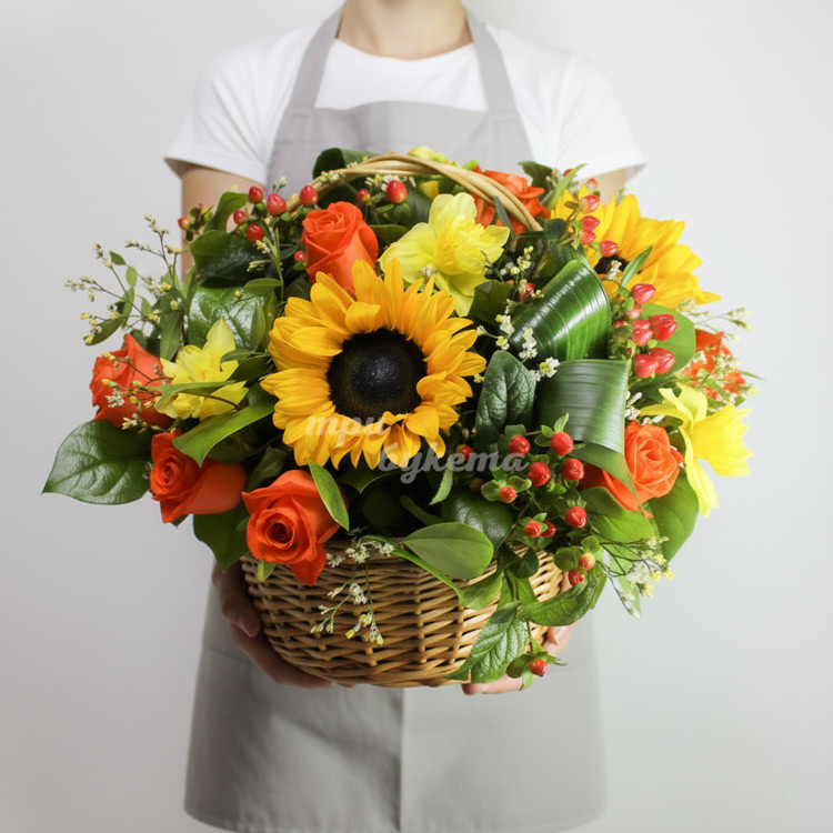 Корзина с розами и подсолнухом
