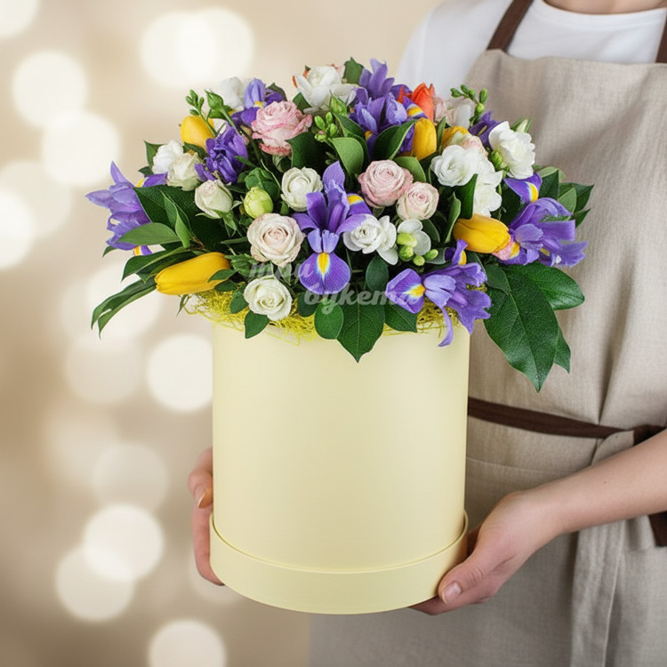 Ирисы и тюльпаны в коробке