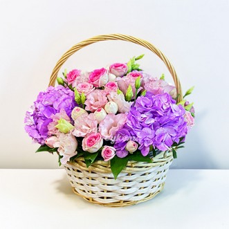 Корзина гортензий и роз