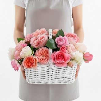 Корзина пионов и роз