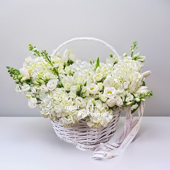 Корзина тюльпанов и гортензий