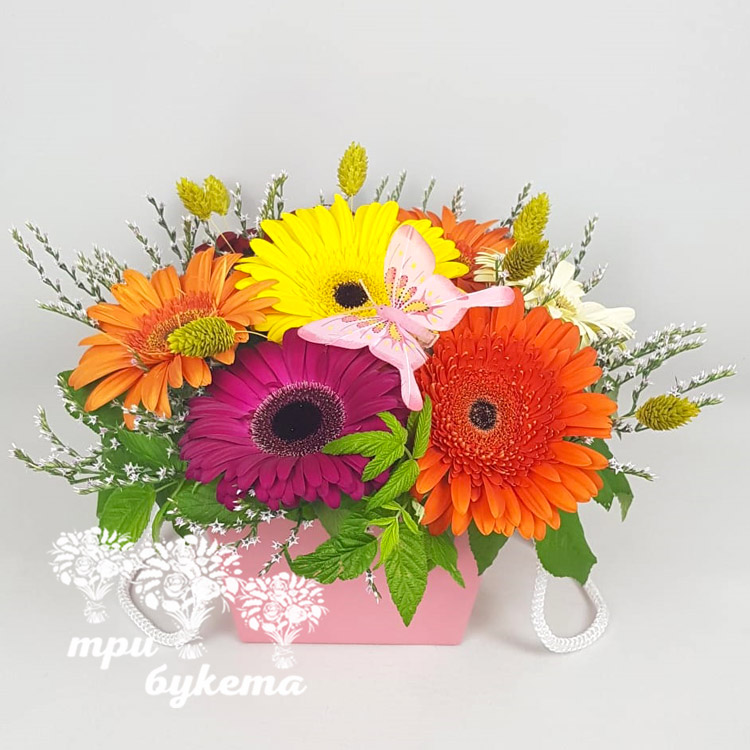 Разноцветные герберы в коробке