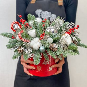 Леденцы и елочные игрушки в коробке