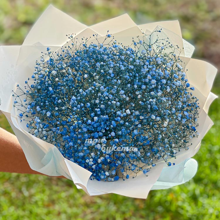 Яркий букет из 11 синих гипсофил (вид сверху)