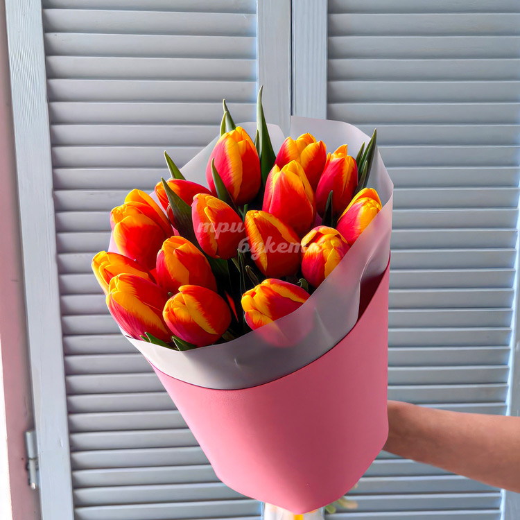 Букет 15 классических оранжевых тюльпанов (крупный план)