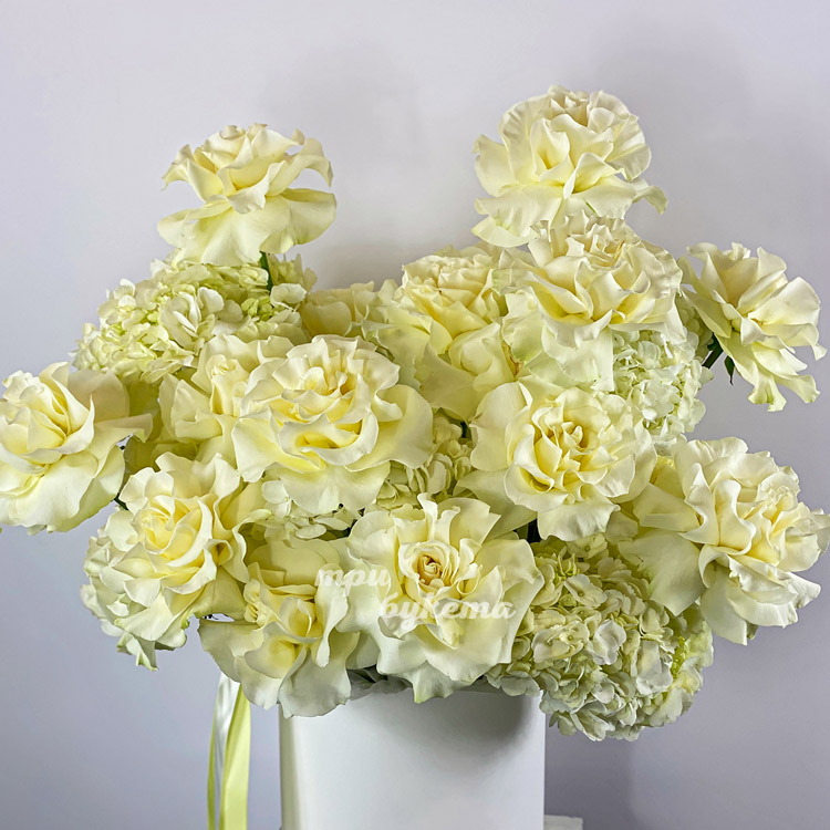 Шляпная коробка белых роз и гортензий (крупный план)